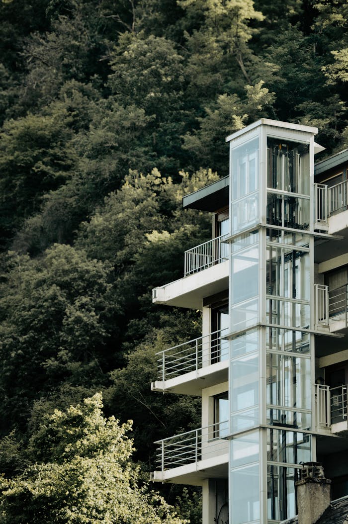 Modern building with glass elevator next to lush forest in Bernkastel-Kues, Germany.